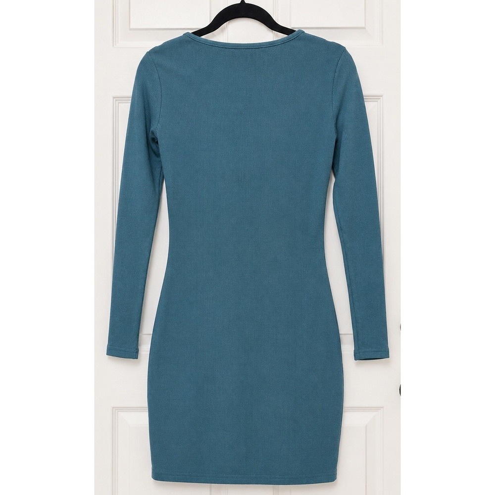 Womens Teal Ribbed Long Sleeve Keyhole Mini Dress Bodycon Stretch Knit L - Picture 3 of 6